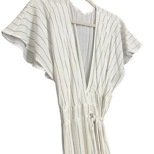 Mid Length Off White with Black Stripes Wrap Dress